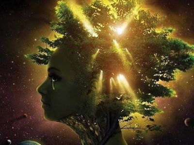 The picture shows a woman is a tears in her eye and representing tree as her brain.